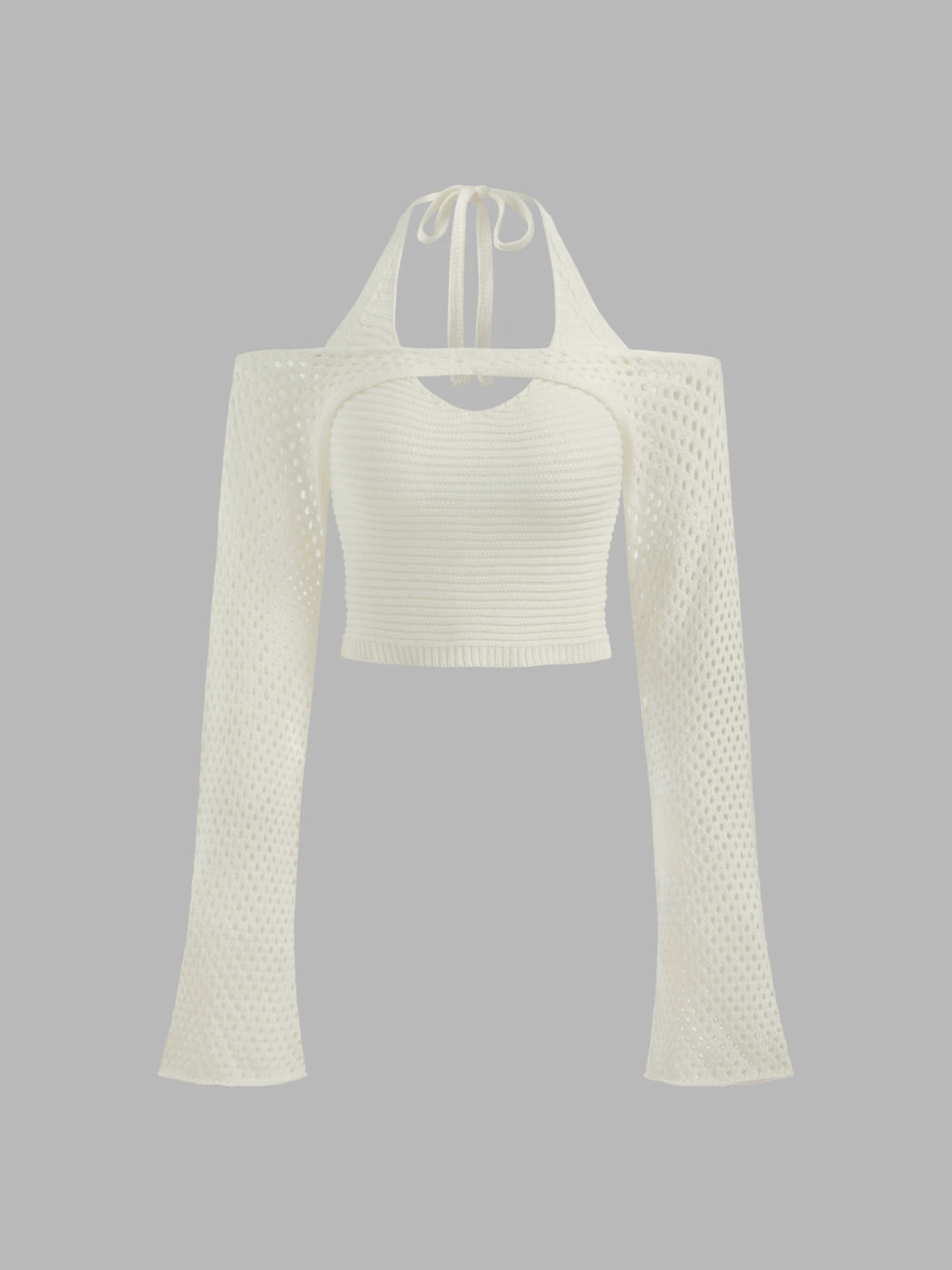  Gestricktes Halter Crop Top & Langärmliger Shrug