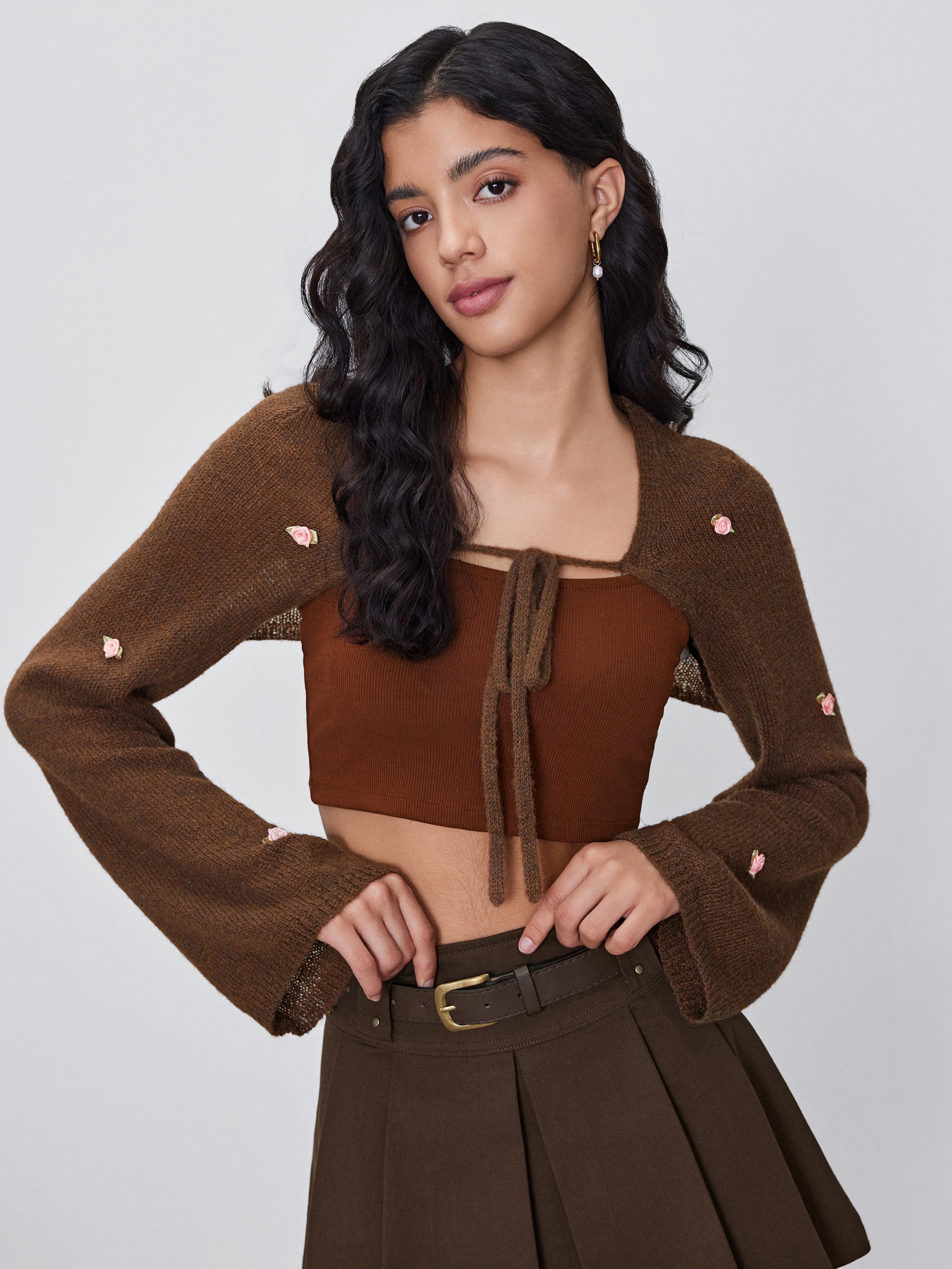 Knit Fabric Rosette Bell Sleeve Knitted Shrug For Daily Casual