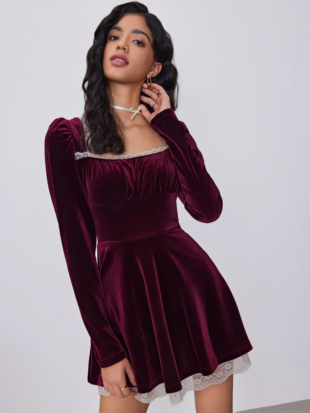 Velvet Lace Trim Ruffle Mini Dress