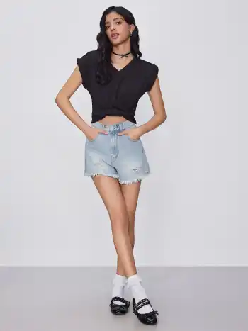 V-neck Solid Ruched Crop Top