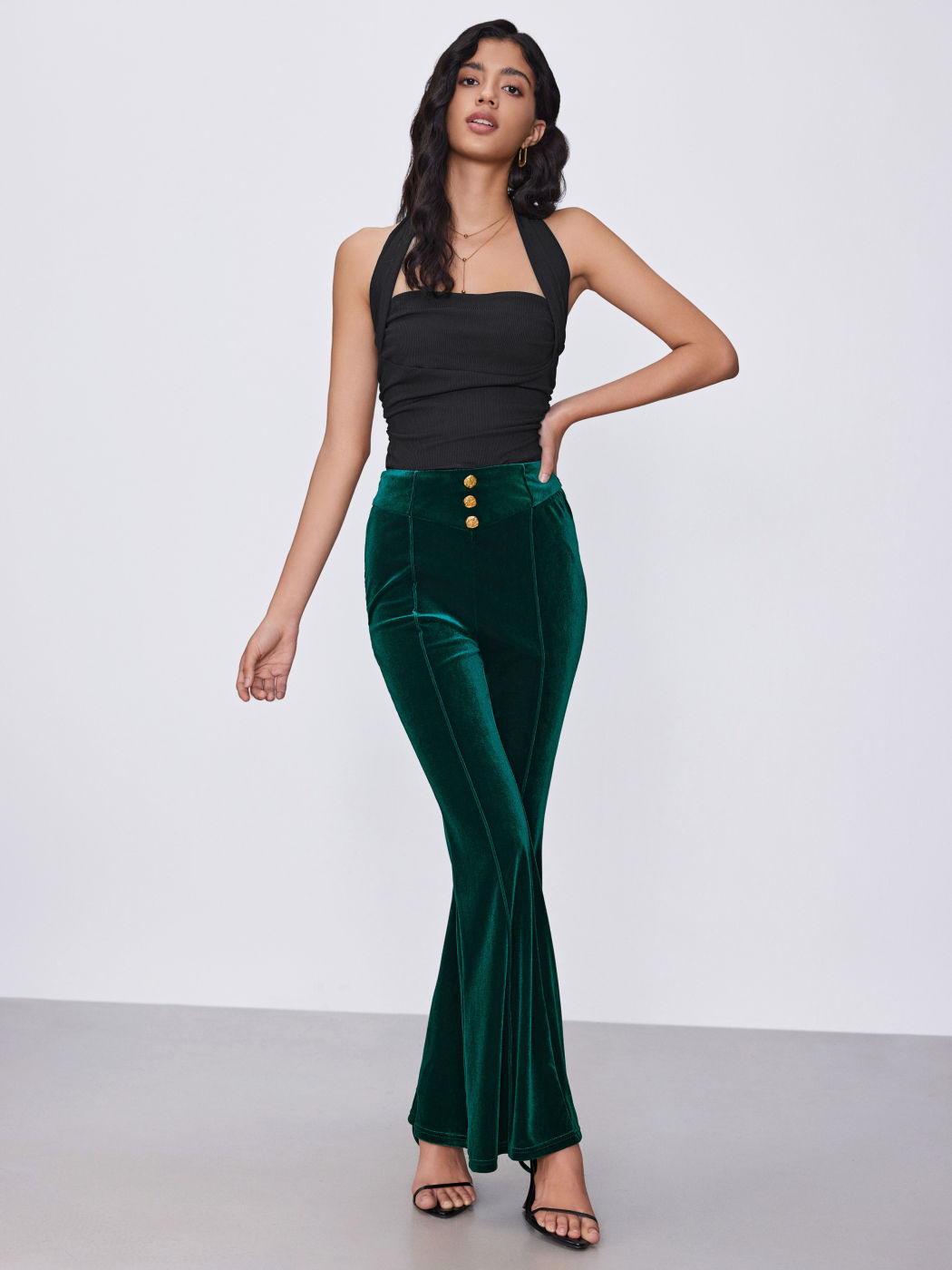 Velvet High Waist Button Flared Trousers