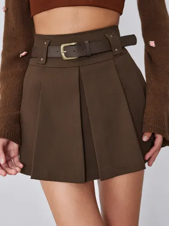 Mittlere Taille, einfarbig, plissierter Skort mit Gürtel