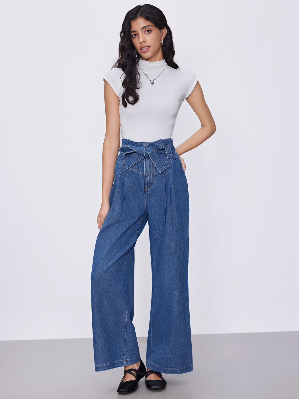 High Waist Solid Bowknot Wide Leg Jeans