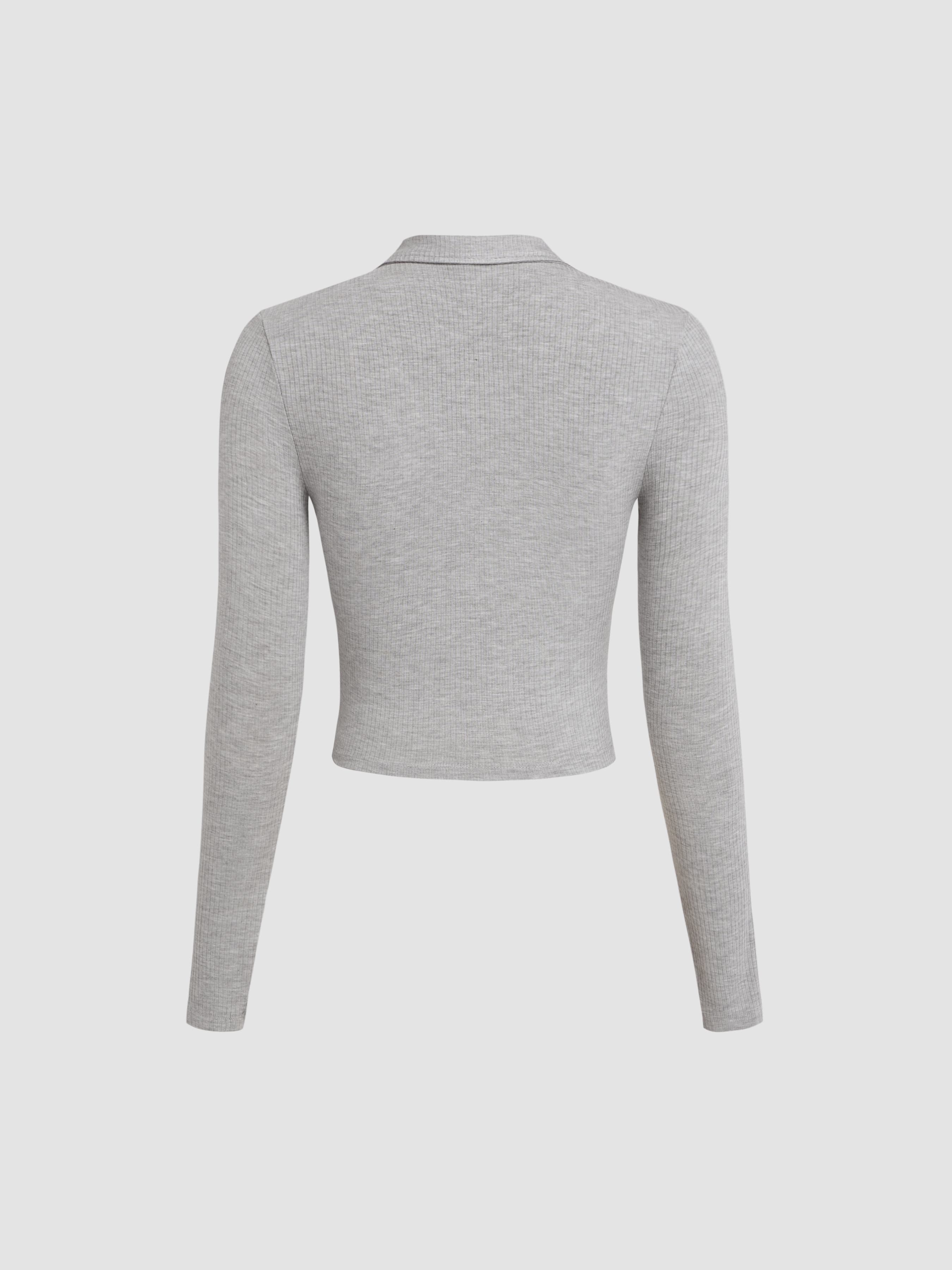 Solid Collar Long Sleeve Crop Top - Cider