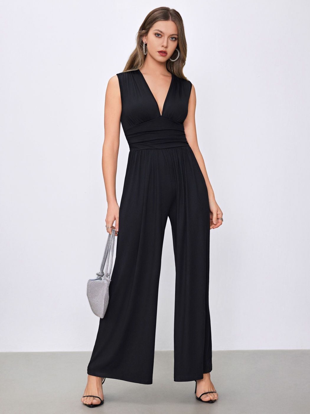 V-neck Ruched Solid Wide Leg Jumpsuit