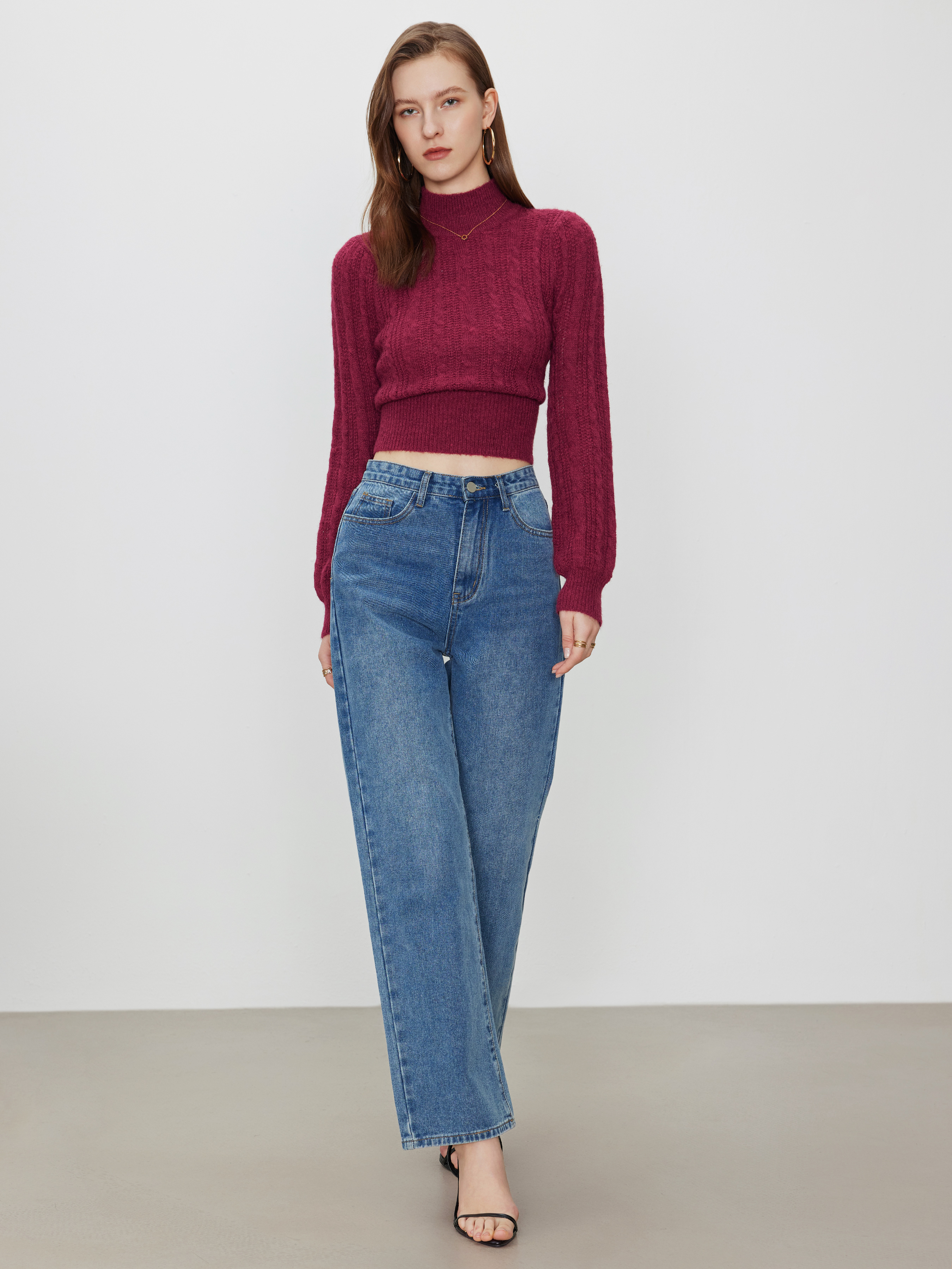 Wool-blend Cable Knit High Neck Long Sleeve Top Curve & Plus