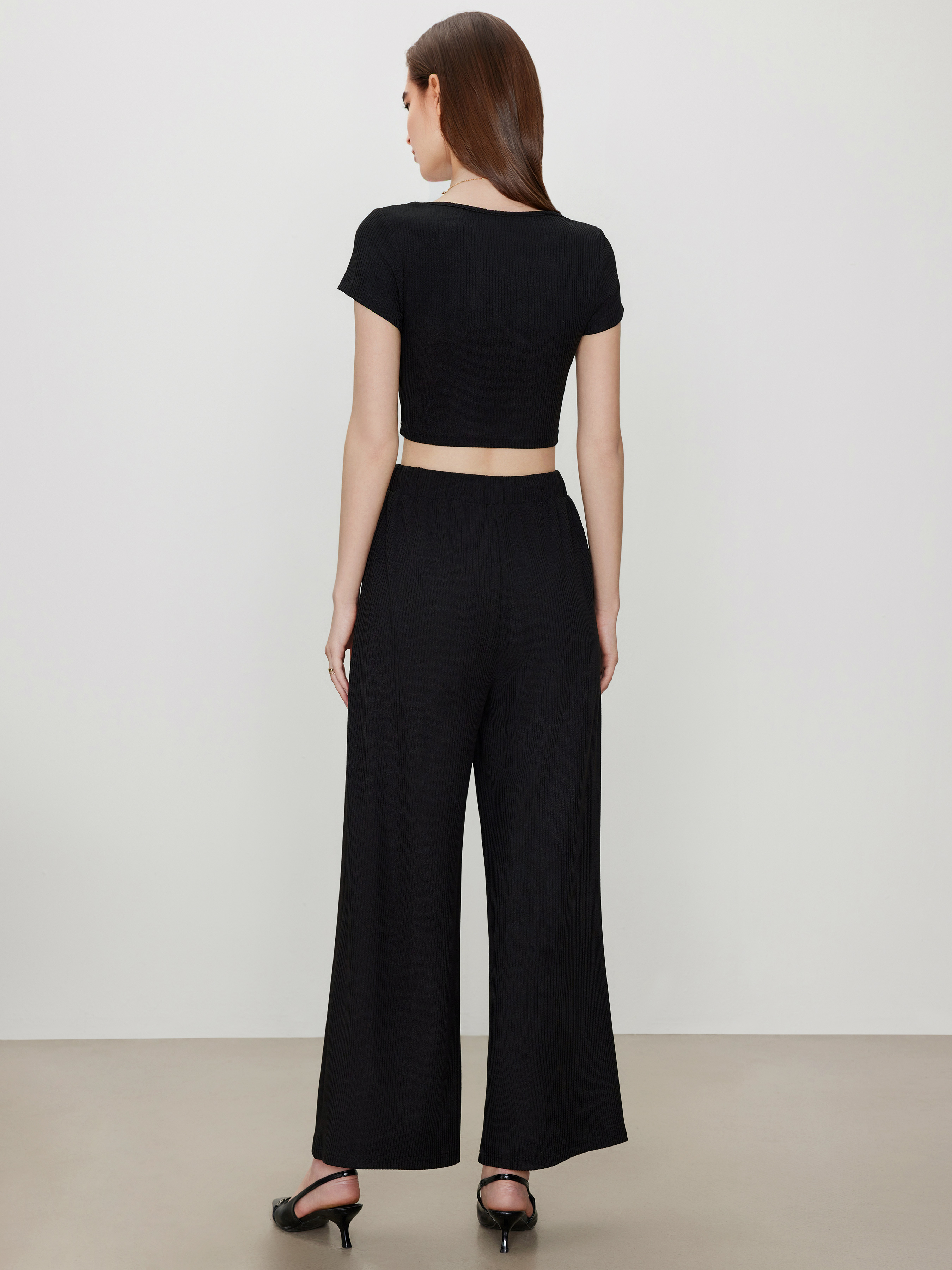 V-neck Short Sleeve Crop Tee & Knotted Wide Leg Pants Set - Cider