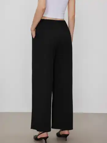 Petite Solid Elastic Waist Wide Leg Pants