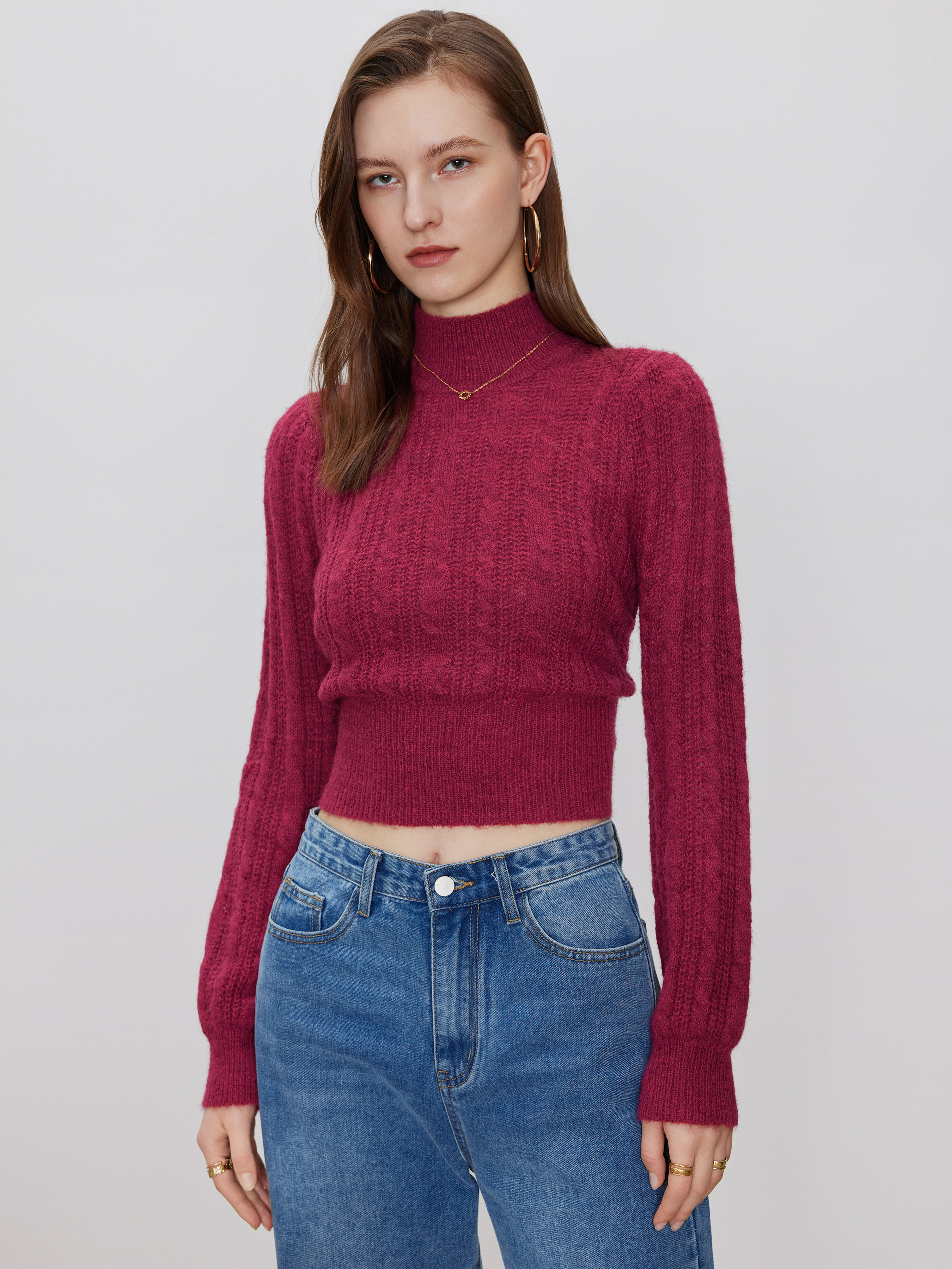 Wool-blend Cable Knit High Neck Long Sleeve Top Curve & Plus