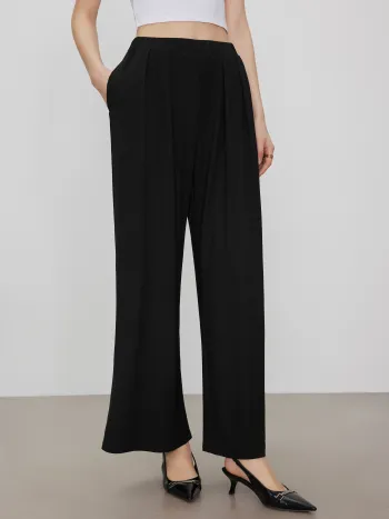 Petite Solid Elastic Waist Wide Leg Pants