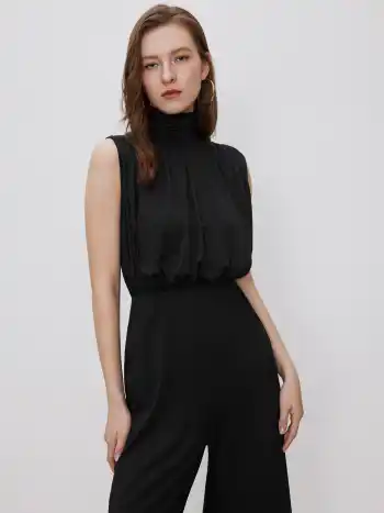 High Neck Solid Zipper Ruched Jumpsuit