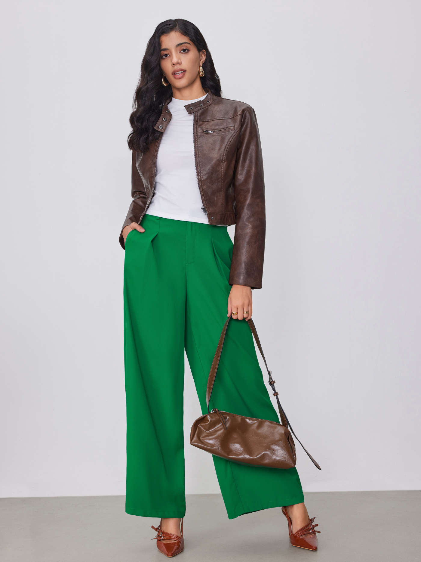 High Waist Solid Zipper Wide Leg Trousers
