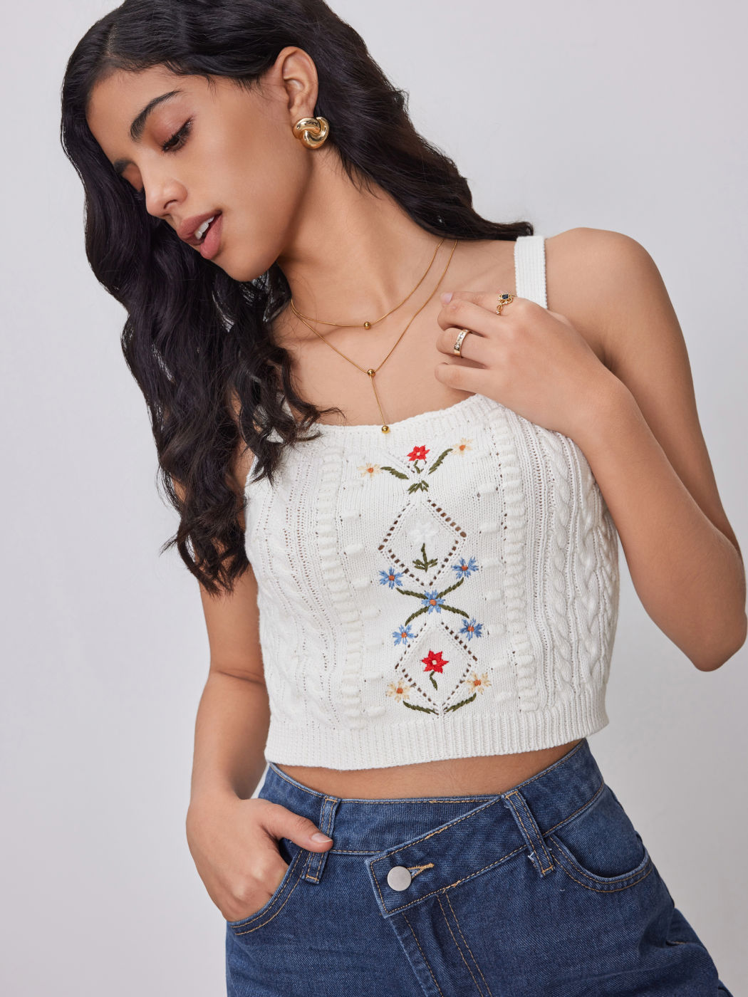 Blumiges Gestricktes Crop Tank Top mit Quadratischem Ausschnitt