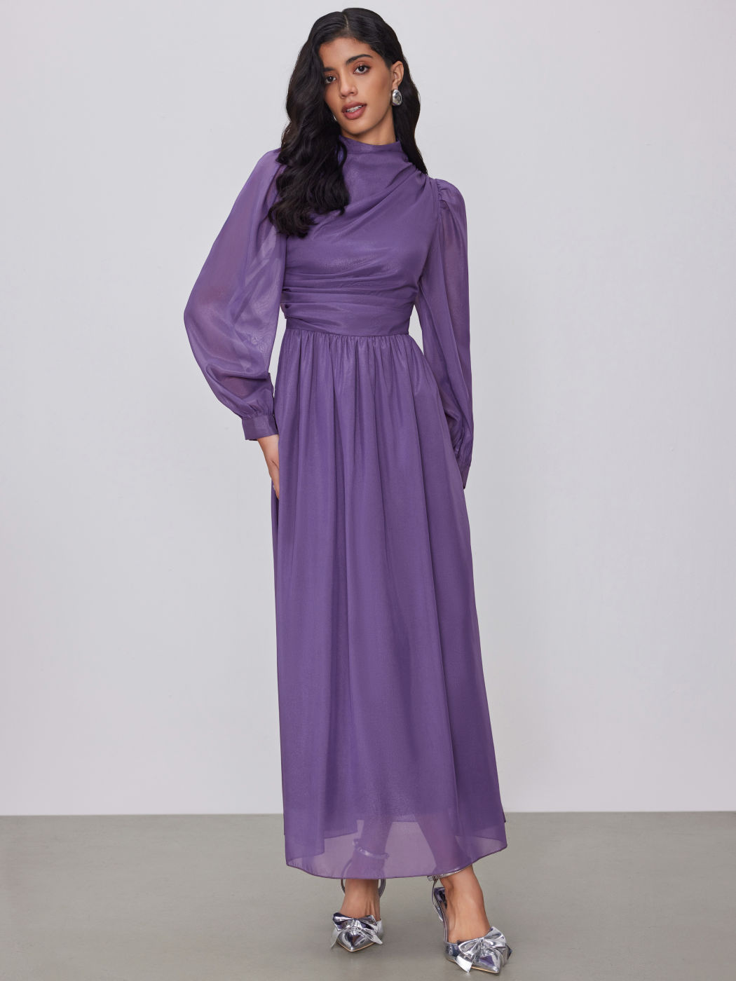 Solid Ruched Puff Sleeve Maxi Dress