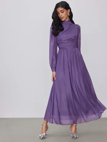 Miami Sunset Urlaub Einfarbiges Gerafftes Maxikleid mit Puffärmeln