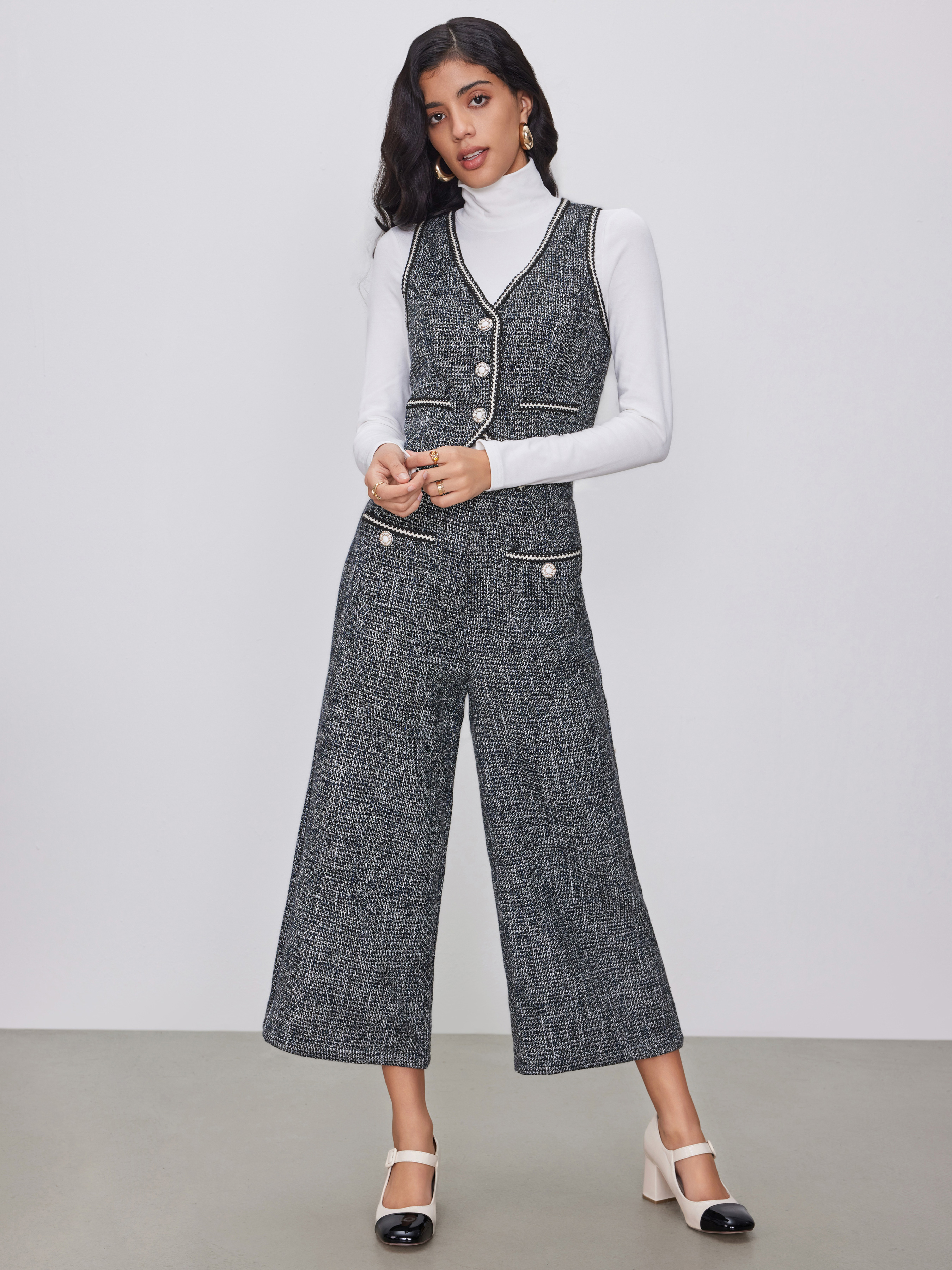 Tweed Tweed Mid Waist Solid Button Wide Leg Cropped Trousers