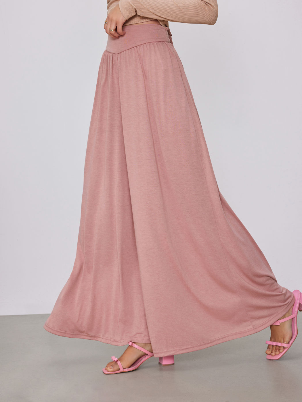 Solid Jersey High Waist Ruffle Wide Leg Trousers