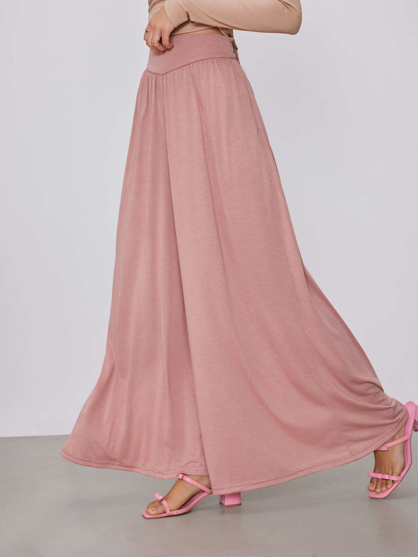 Solid Jersey High Waist Ruffle Wide Leg Trousers