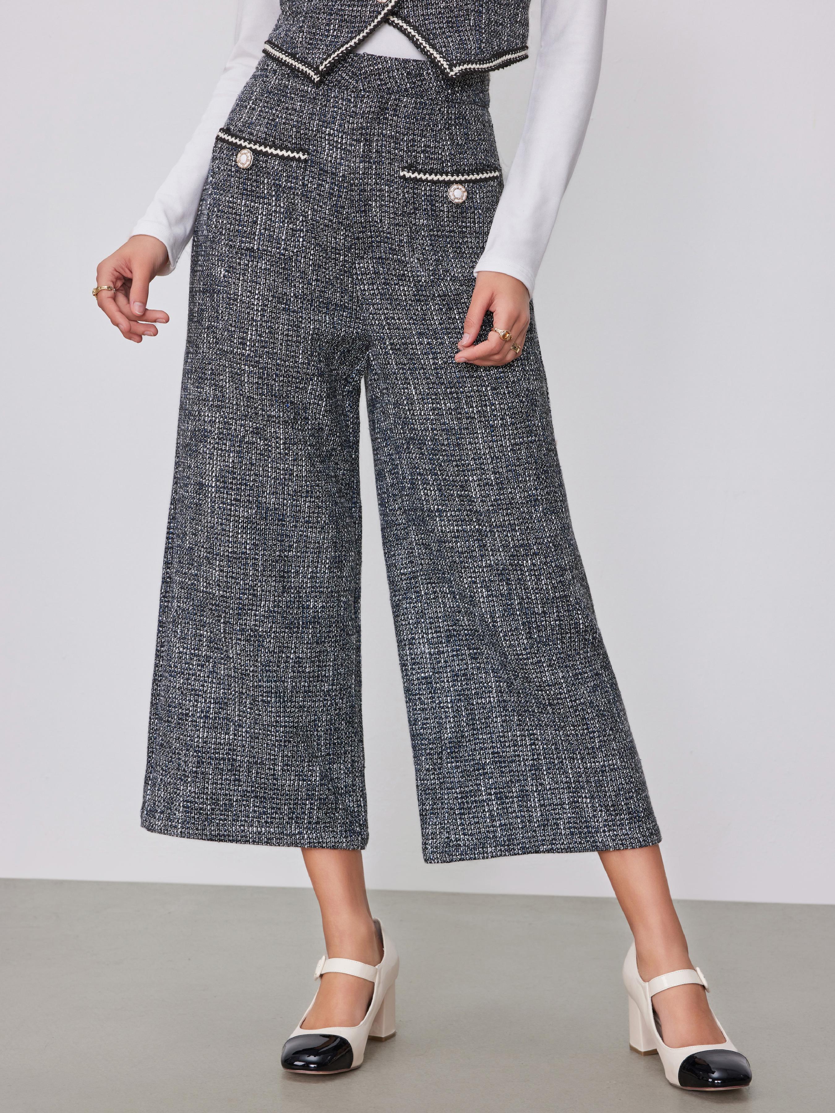 Tweed Tweed Mid Waist Solid Button Wide Leg Cropped Trousers