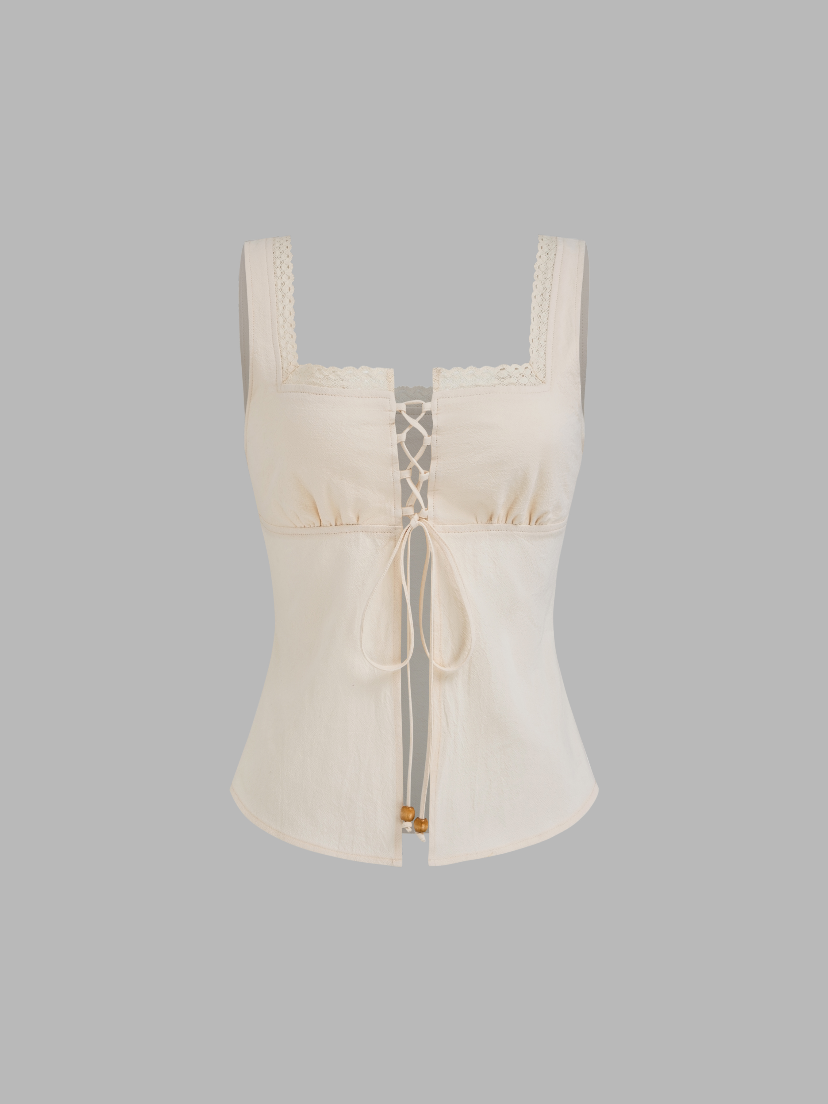 Woven Square Neck Solid Beaded Detail Lace Up Crop Tank Top