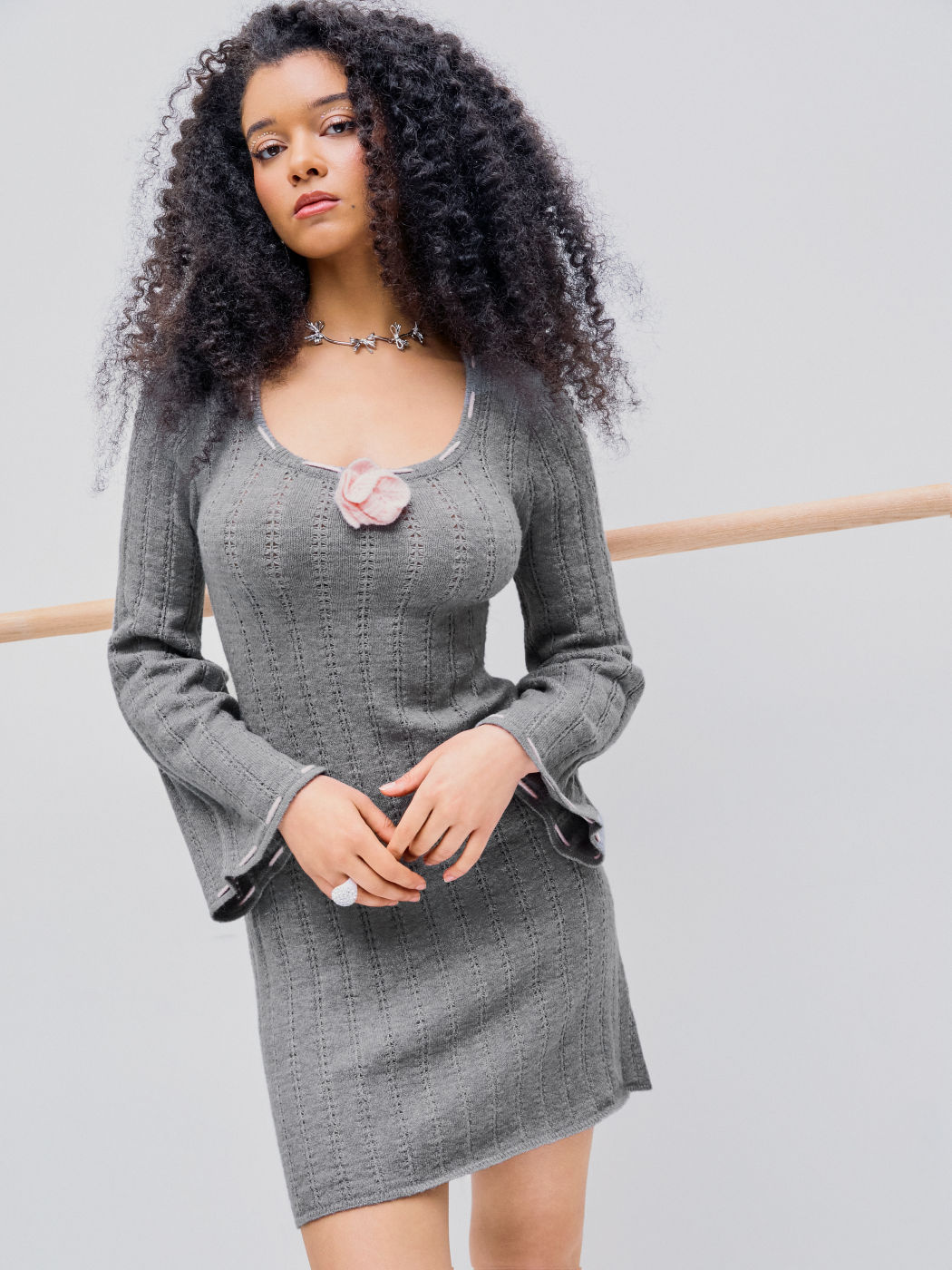 Knitted Rosette Scoop Neck Mini Dress