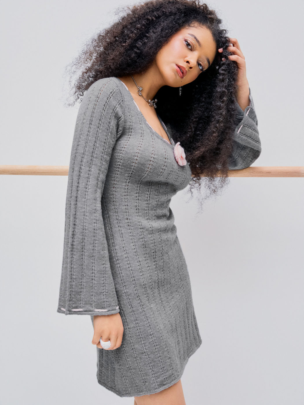 Knitted Rosette Scoop Neck Mini Dress