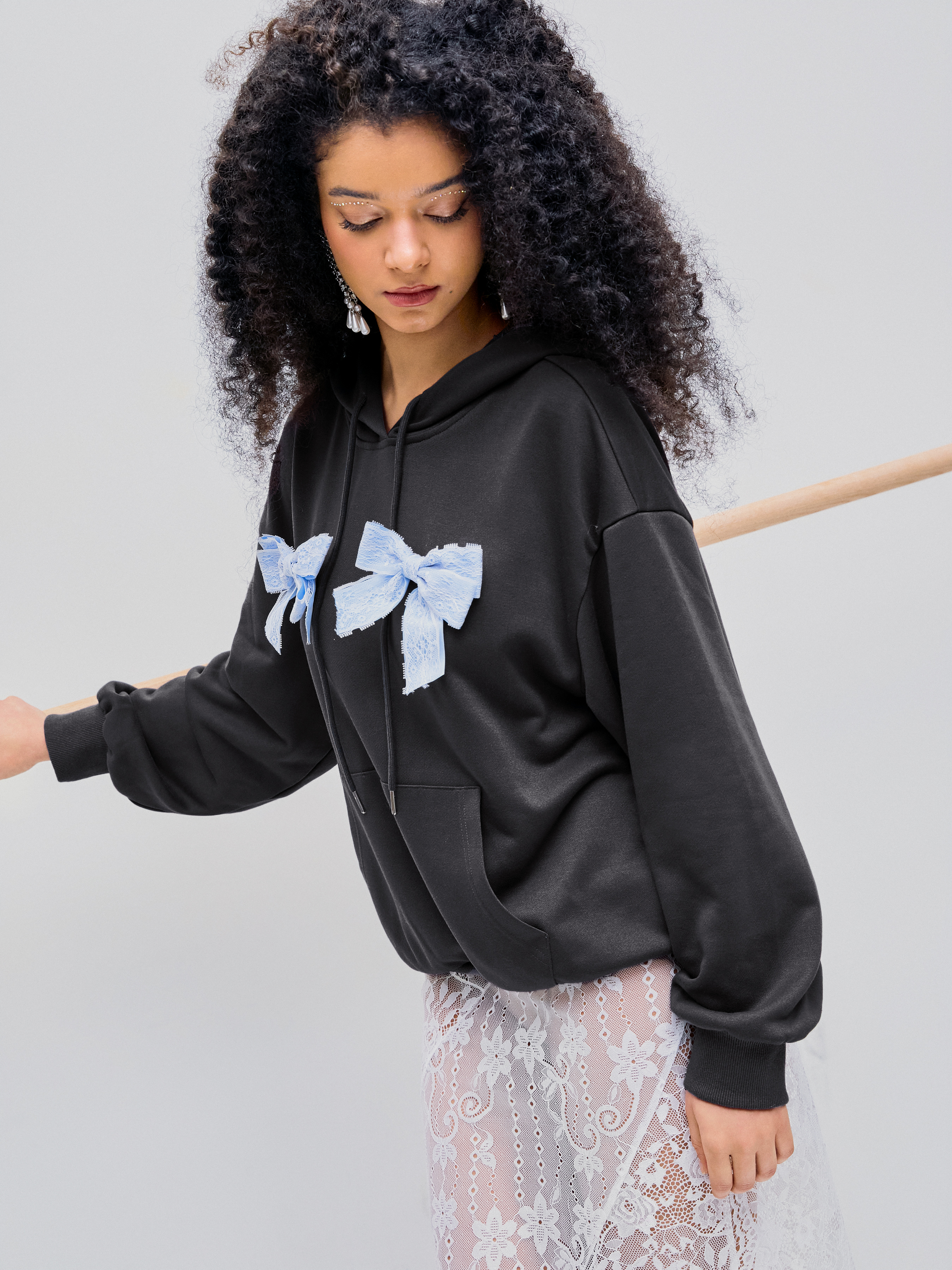 Terry Lace Bowknot Detachable Drawstring Hoodie For School