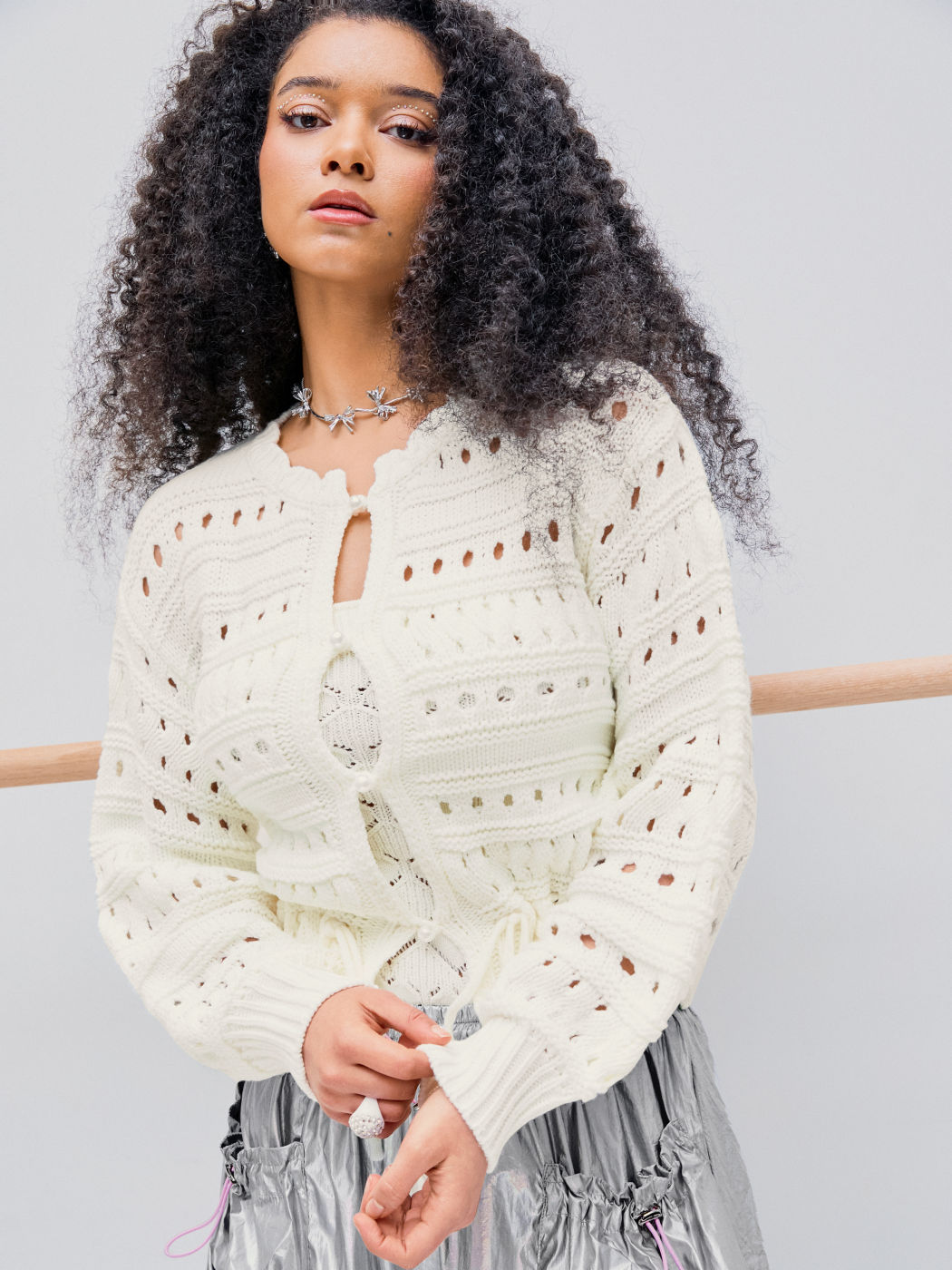Round Neck Hollow Out Knitted Tube Top & Cardigan