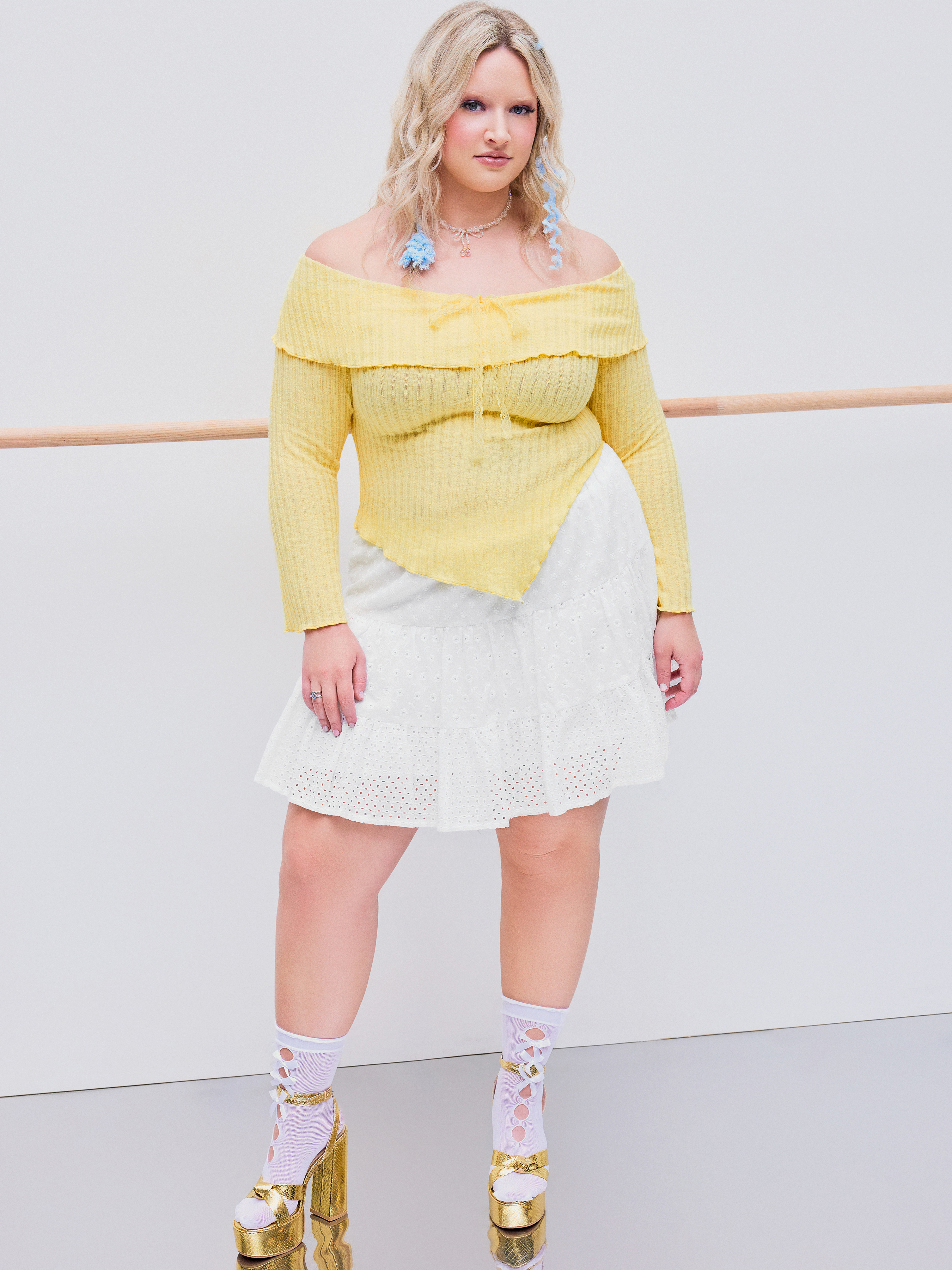 yellow off the shoulder long sleeve top