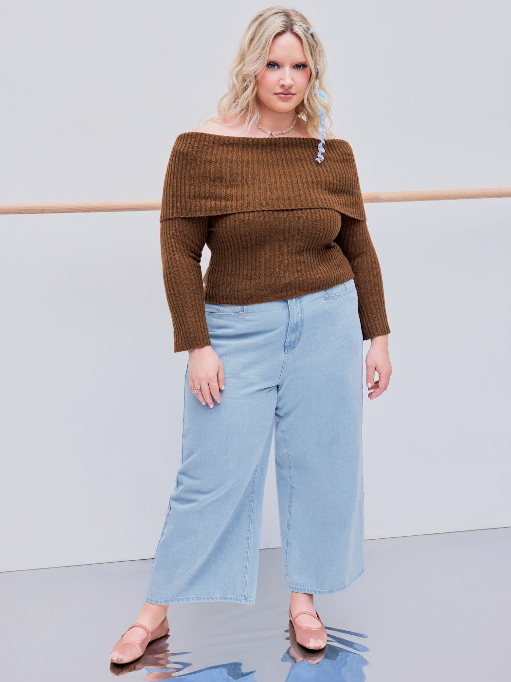 Off-shoulder Knitted Bell Sleeve Top Curve & Plus