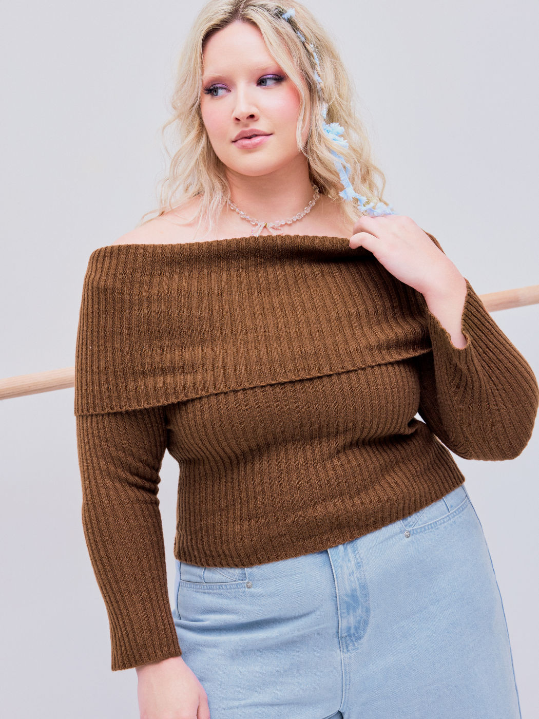 Off-shoulder Knitted Bell Sleeve Top Curve & Plus
