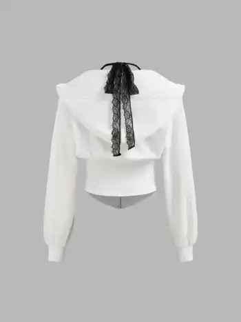 Rib Lace Halter Contrasting Binding Hoodie