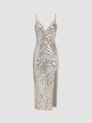 Geometrisches Pailletten V-Ausschnitt Schlitz Maxikleid