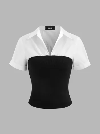 Collar Two Tone Patchy Short Sleeve Shirt