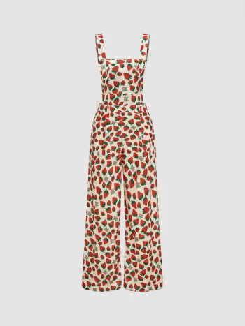 Woven Strawberry Print Wide Leg Jumpsuit