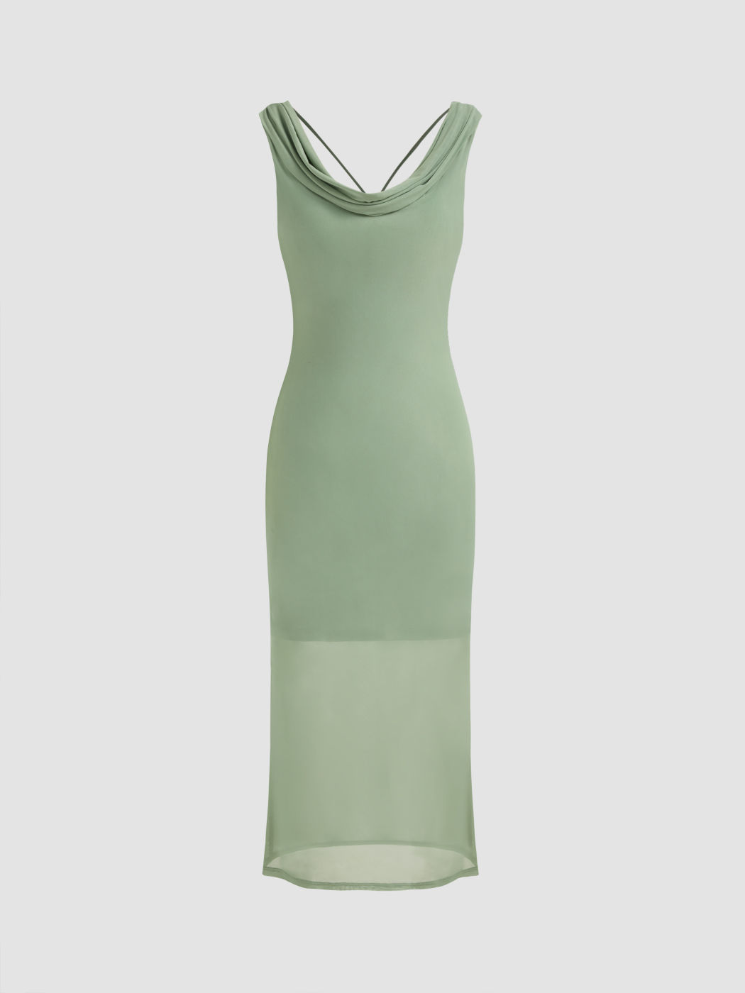 Mesh Asymmetrical Neck Solid Criss Cross Ruched Midi Dress