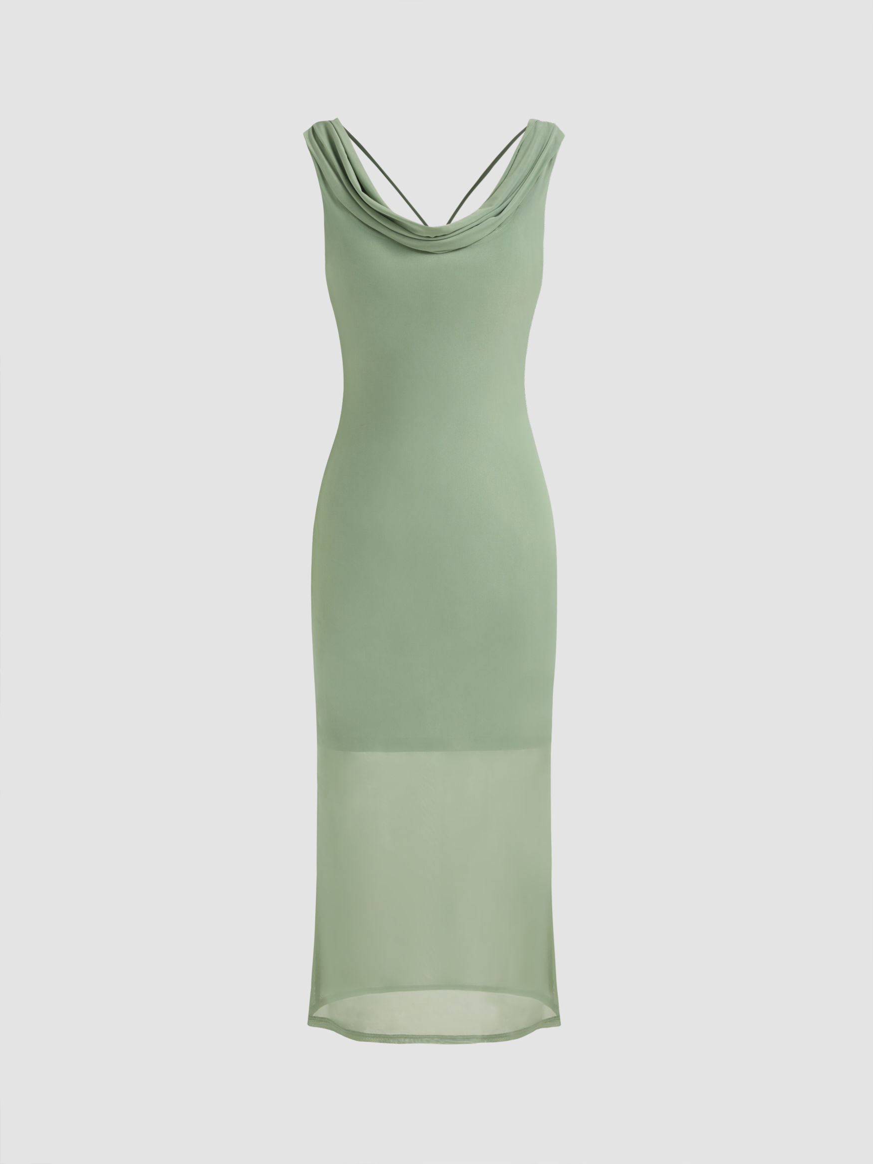 Mesh Asymmetrical Neck Solid Criss Cross Ruched Midi Dress