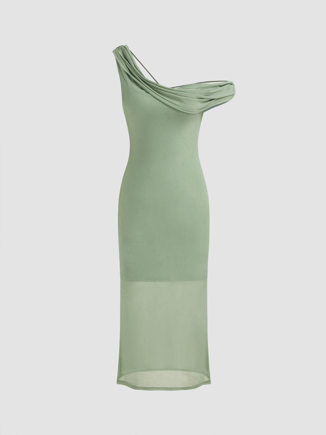 Mesh Asymmetrical Neck Solid Criss Cross Ruched Midi Dress