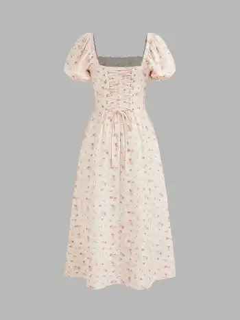 Karreeausschnitt Blumen Schnür-Midikleid