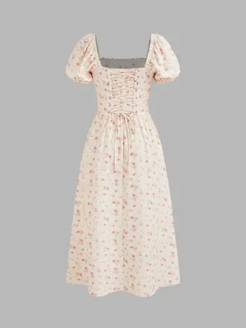 Square Neck Floral Lace Up Midi Dress