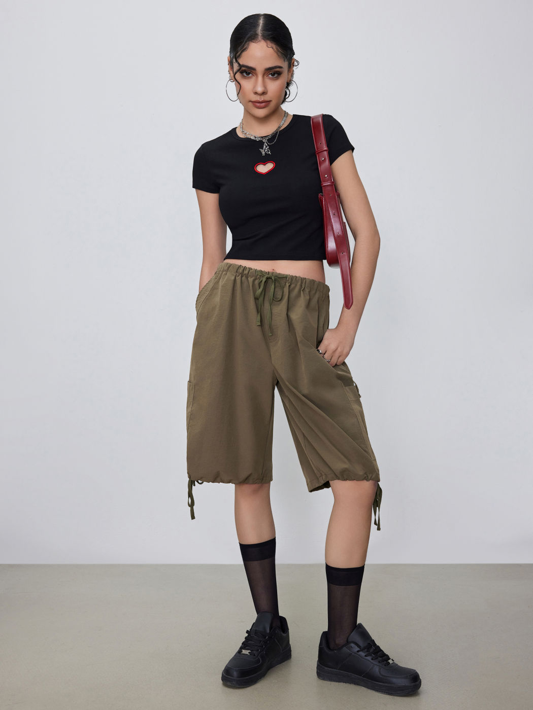 Round Neck Heart Cut Out Crop Short Sleeve Tee