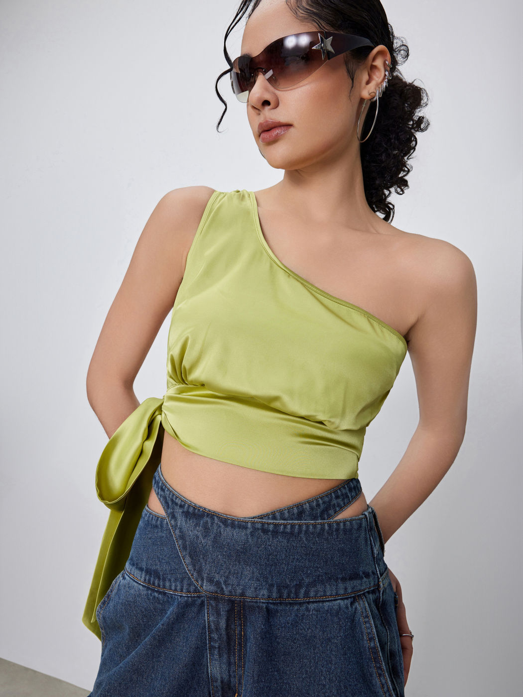 Satin Asymmetrical Neck Knotted Crop Top