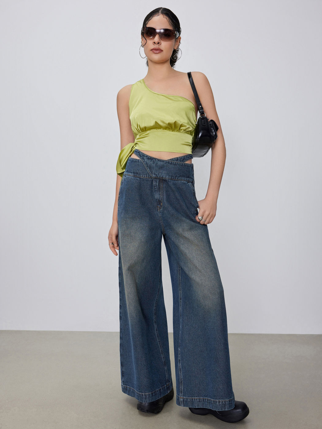 Satin Asymmetrical Neck Knotted Crop Top