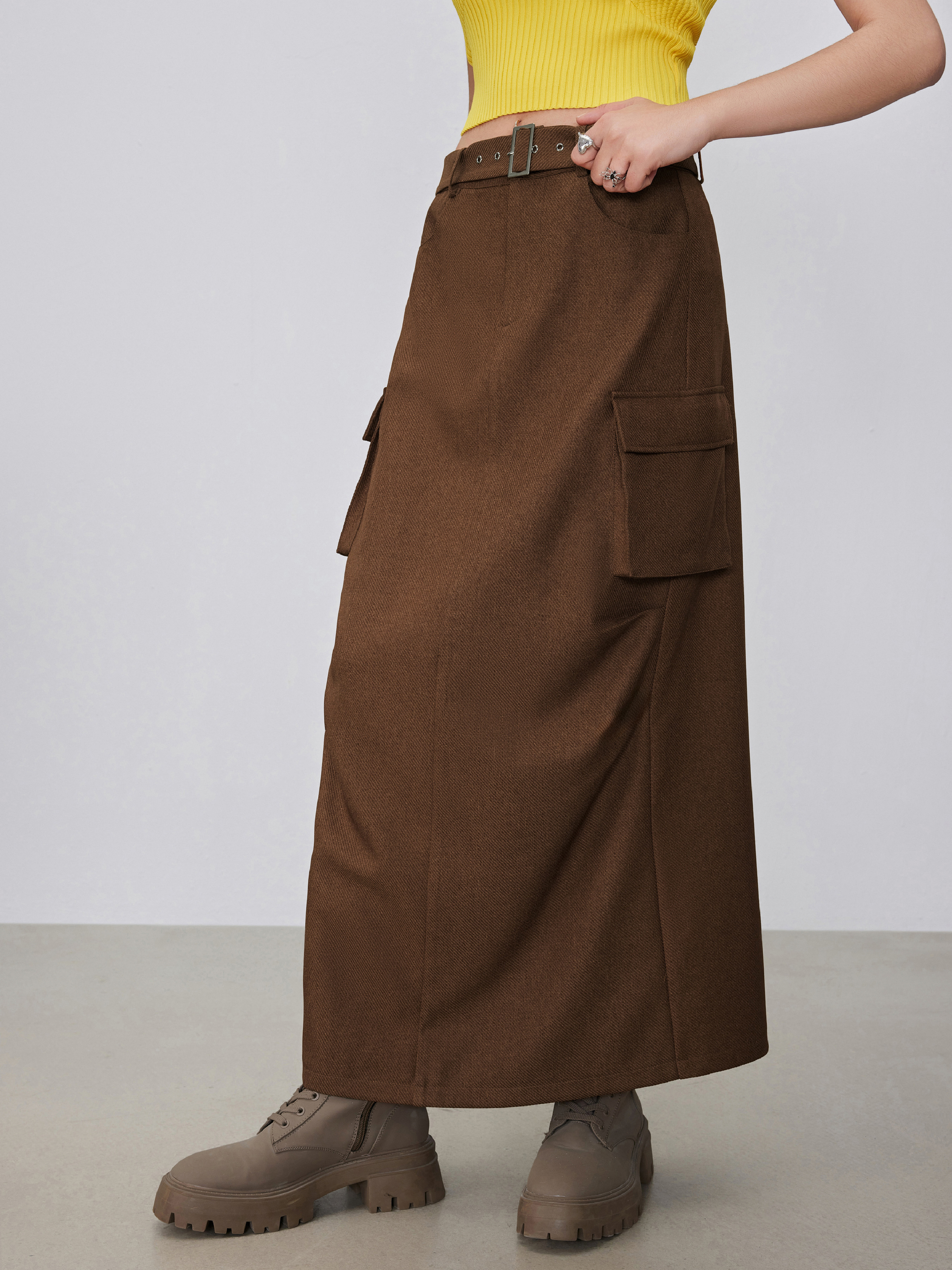 [OPEN YY] / ☆ 24SS CARGO POCKET MAXI SKIRT / BROWN Woven High Rise Belted Pocket Cargo Maxi Skirt For Daily
