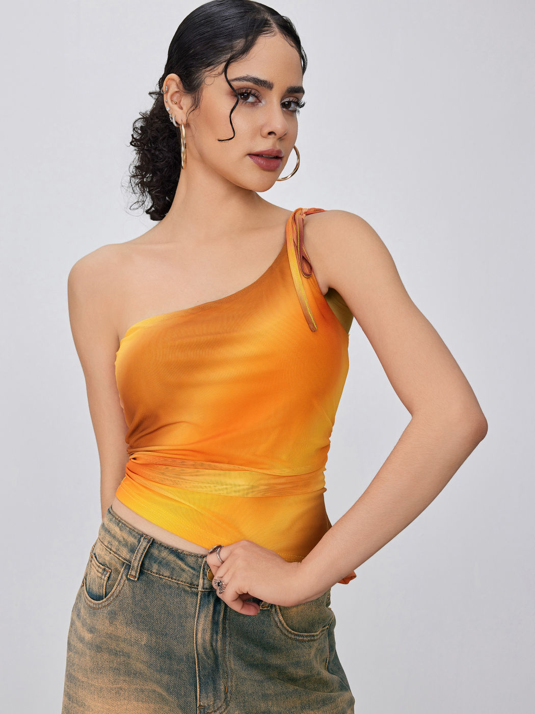 Mesh Asymmetrical Neck Ombre Crop Top