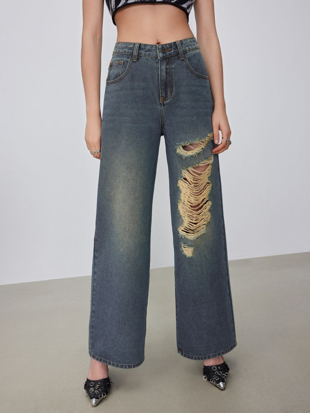 Cider Denim Low Rise Ripped Wide Leg Jeans