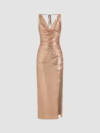 Sequin Cowl Neck Split Maxi Dress