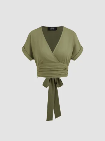 Leinen-Mischung V-Ausschnitt Einfarbige Wickel Geknotete Crop Bluse mit Hochkrempelärmeln