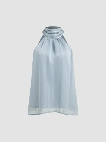 Gewebte Bluse mit hohem Kragen und Knoten ohne Ärmel in Unifarben