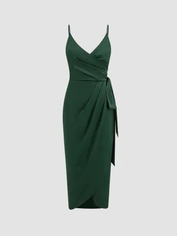 Satin V-Ausschnitt Wickel Geknotetes Maxikleid